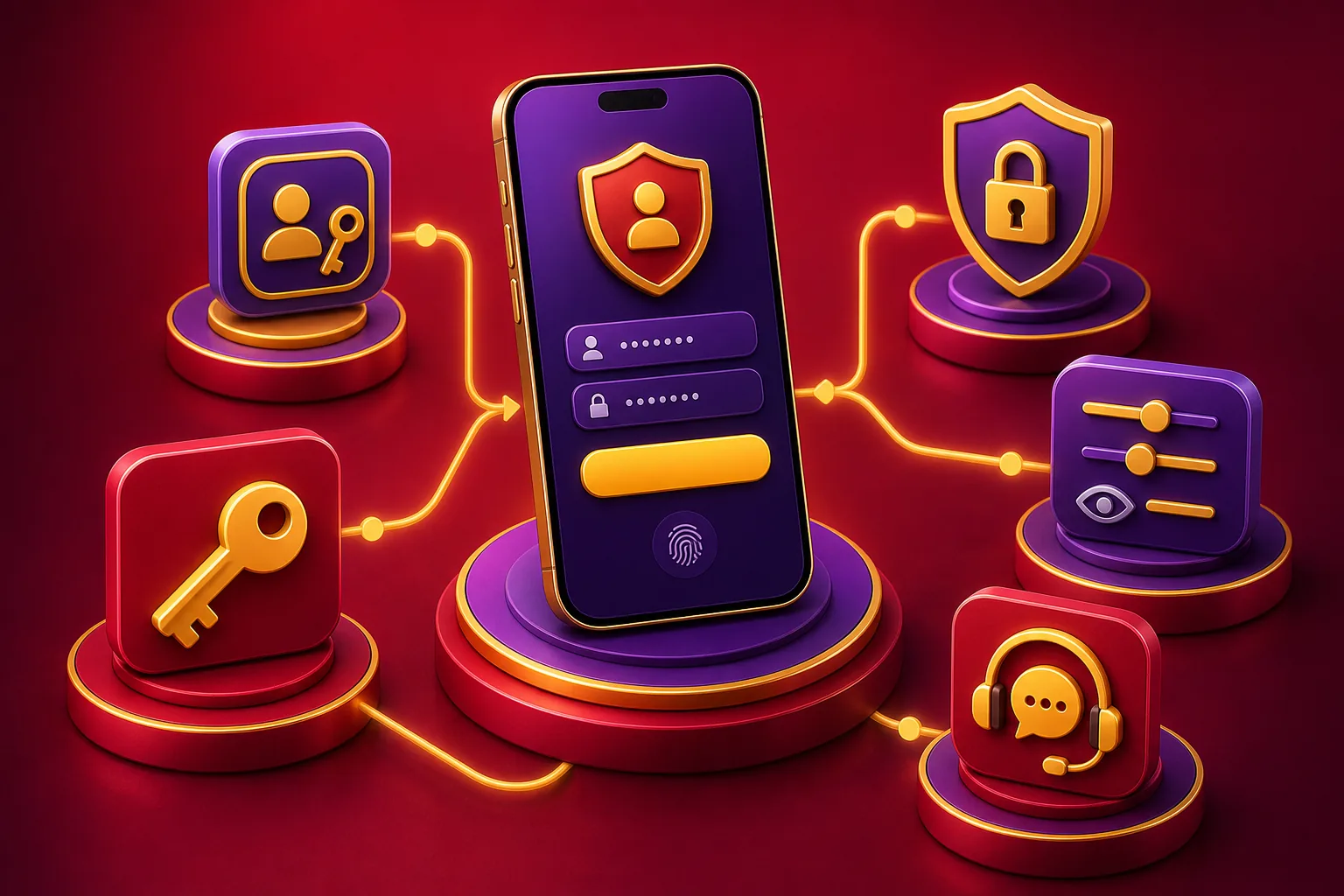Account Login, Privacy and Recovery: A Safer Setup Guide editorial workflow illustration in red, yellow and purple
